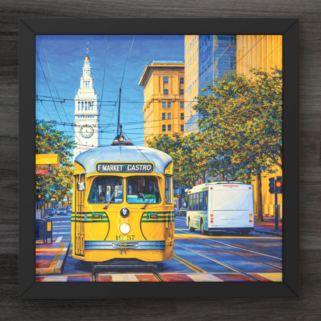 Framed artwork of a city street scene with a yellow trolley and tall building.