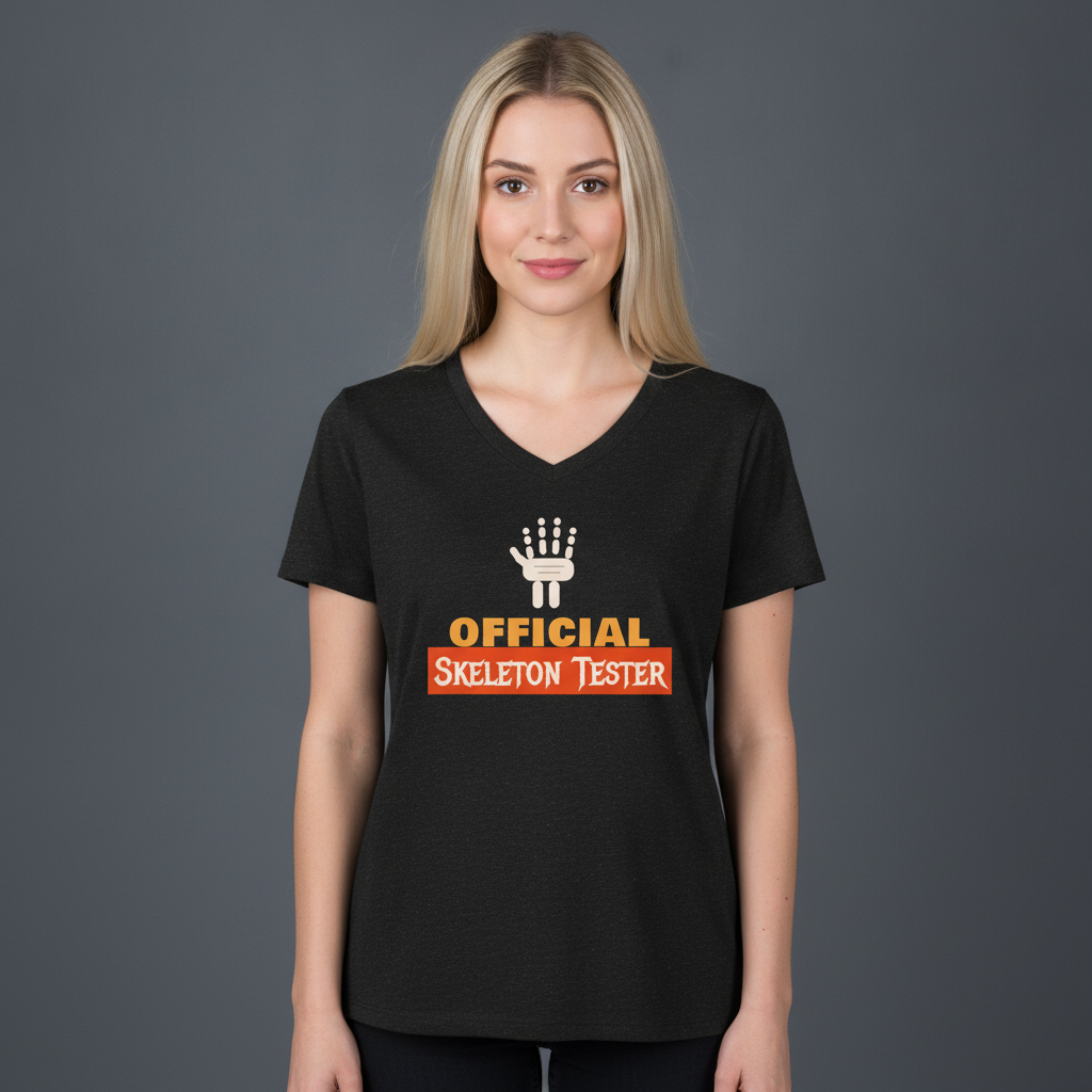 A woman wearing a black graphic t-shirt with a white skeleton hand and orange text reading 'OFFICIAL SKELETON TESTER' on a gray studio background.