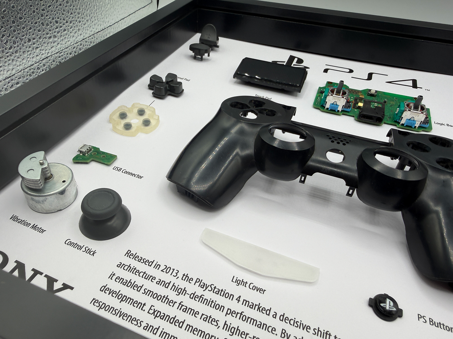 Disassembled PlayStation 4 controller on a display case with labels