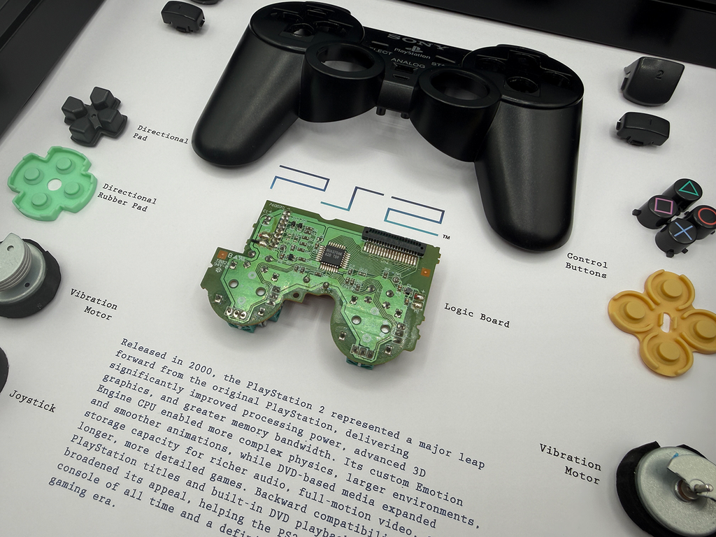 Disassembled PS2 gaming controller with labeled parts on a white background