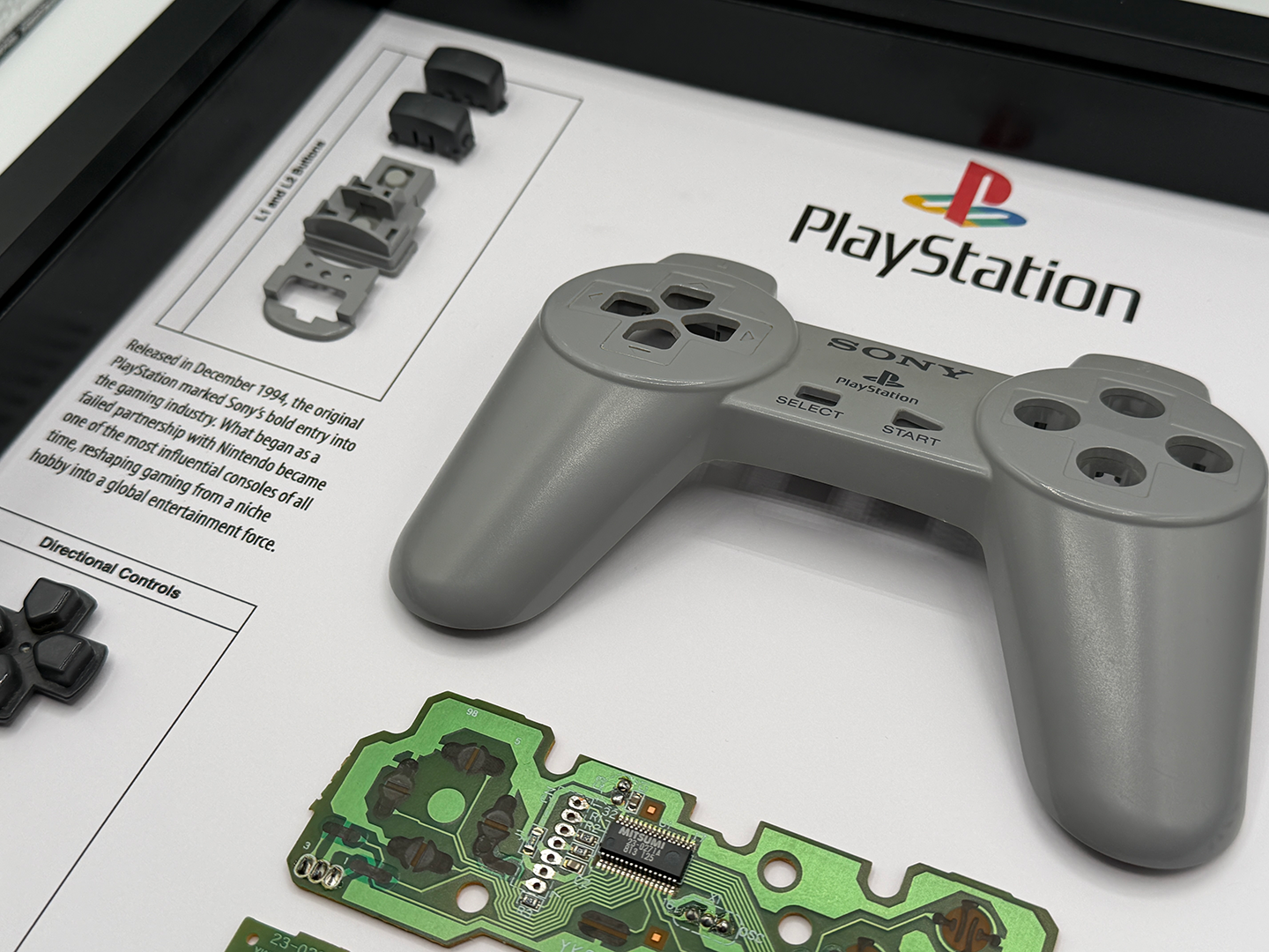 Gray gaming controller with electronic components on a white surface, featuring the PlayStation logo.