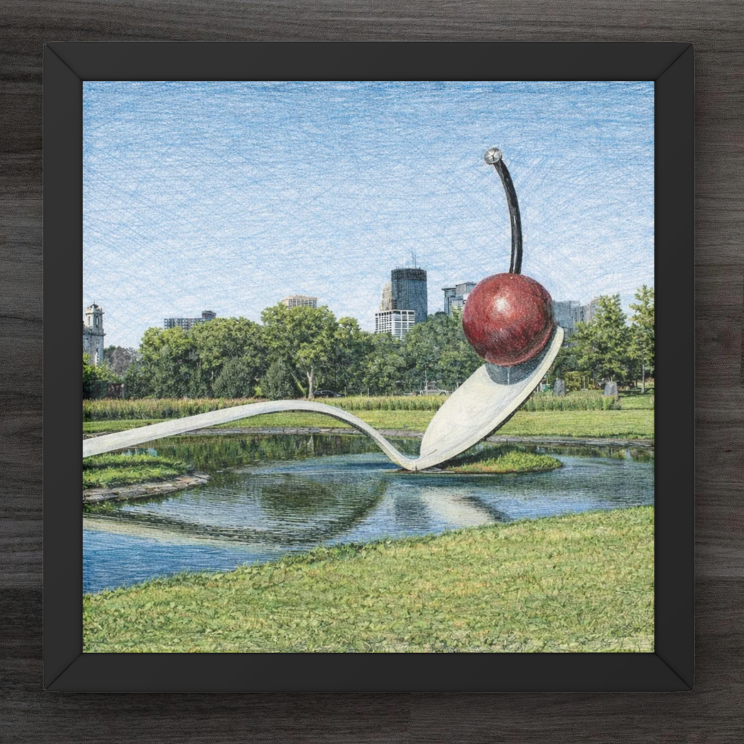 Framed artwork of a cherry on a spoon with a park and cityscape in the background.