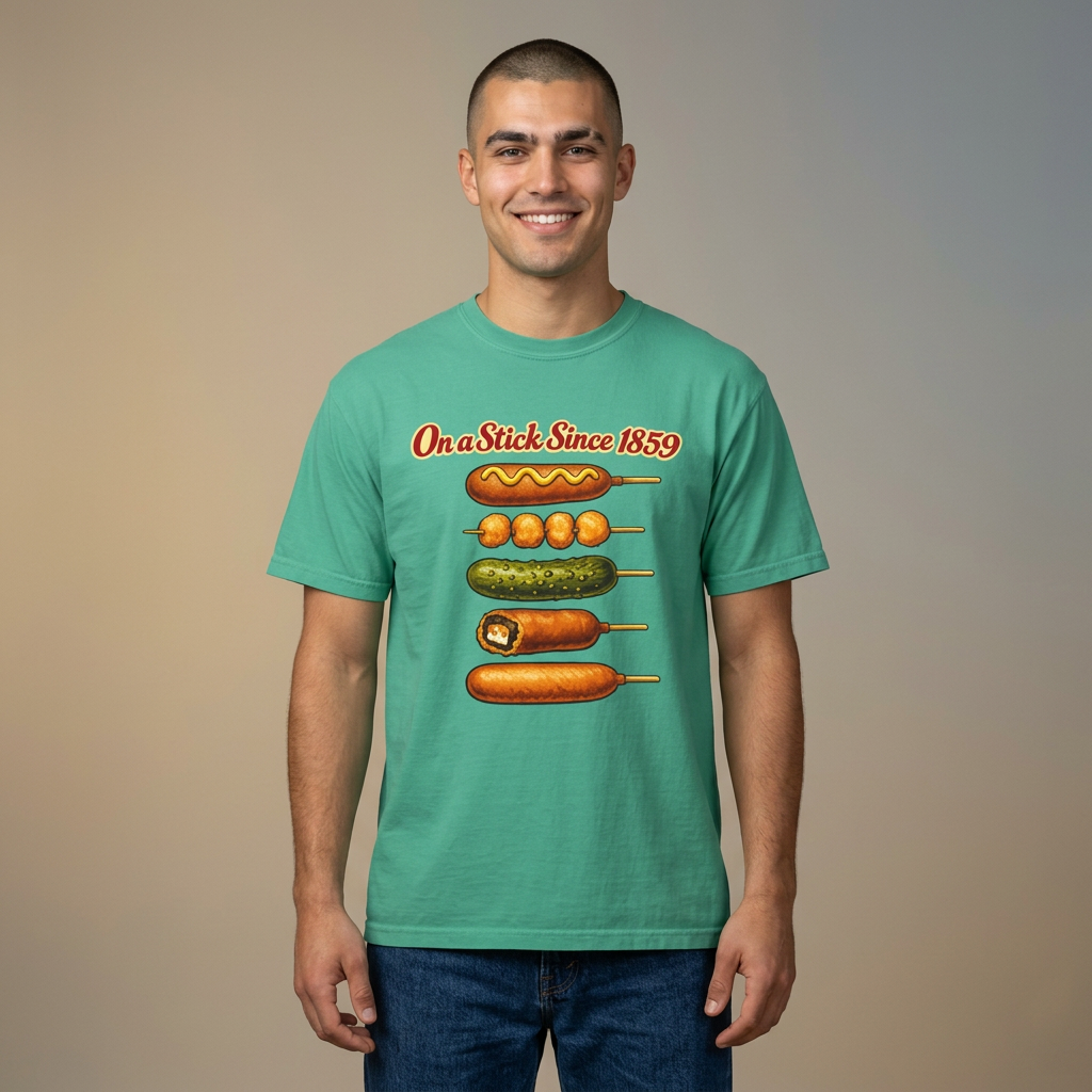 A man wearing a mint green graphic t-shirt with a corn dog progression print and blue jeans, standing against a neutral beige background.
