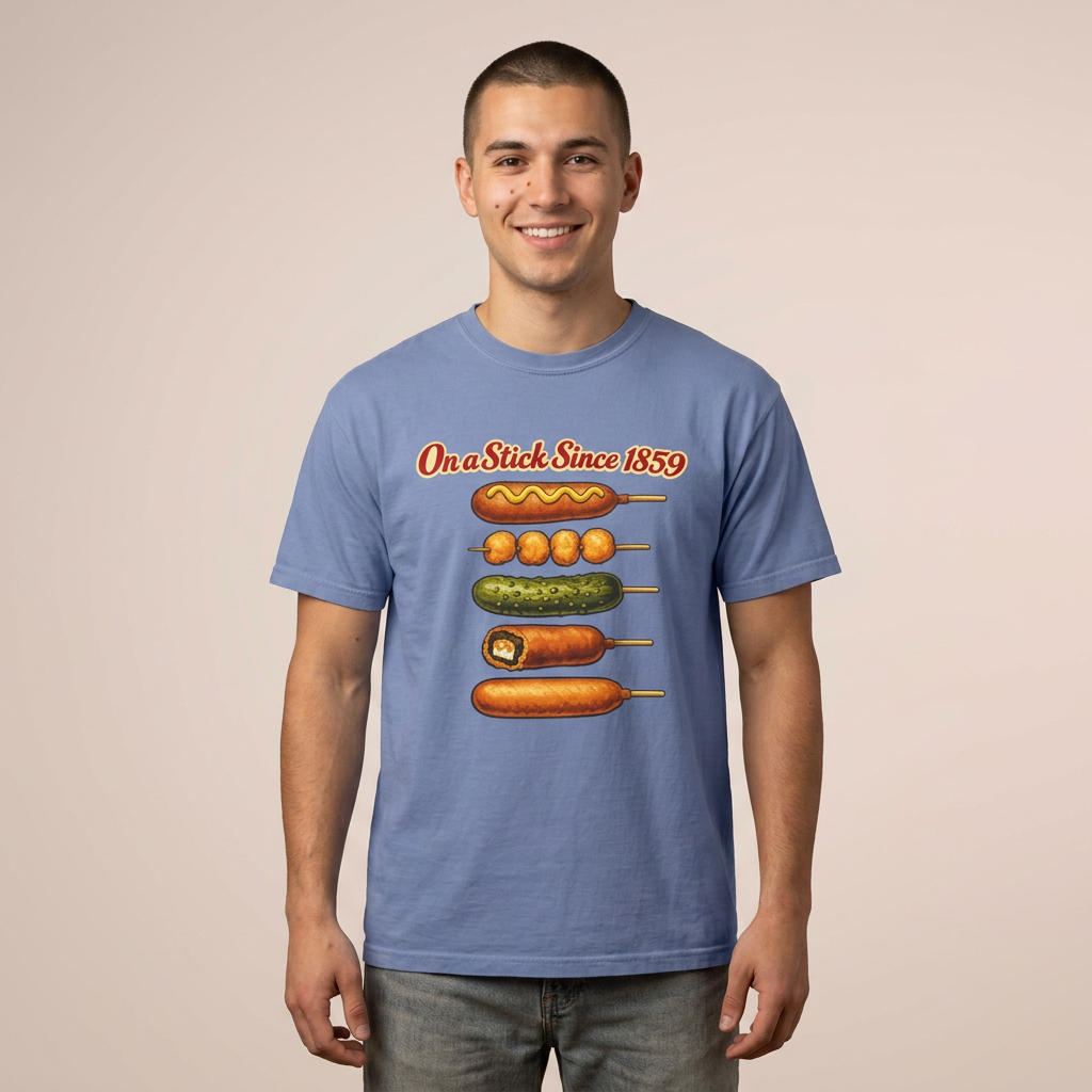 A man wearing a heathered blue t-shirt with a graphic of various hot dogs on sticks and the text 'On a Stick Since 1859' printed on the chest, set against a solid beige background.