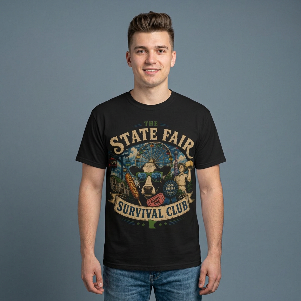 A man wearing a black graphic t-shirt with a vintage-style 'The State Fair Survival Club' print, paired with blue jeans, standing against a solid slate gray background.