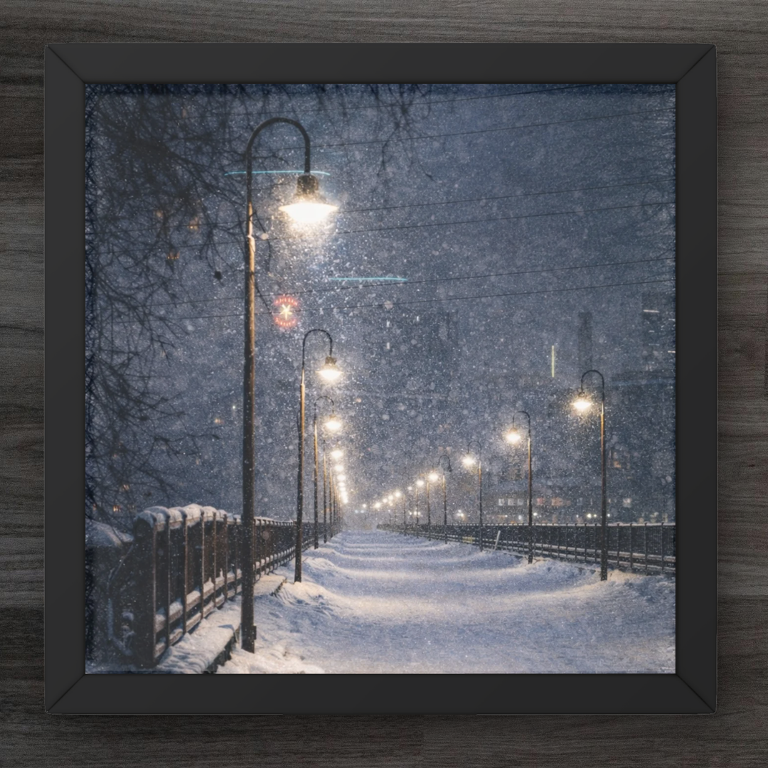 Framed photograph of a snowy bridge at night with illuminated streetlights.
