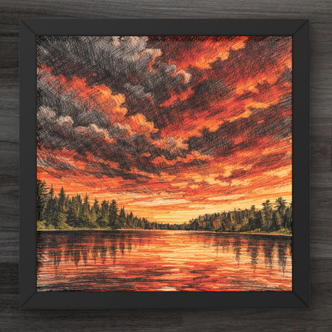 Framed artwork of a sunset over a lake with trees, on a wooden surface.
