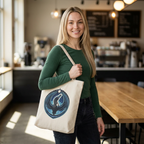 Blonde haired woman in a green shirt and jeans carrying a beige tote bag with a Rebel Loon Emblem