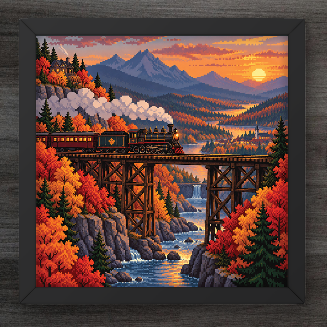 A framed square art print depicting a sunset landscape with a train going over a bridge, shown on a dark wood background.