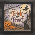 A framed square art print featuring a Halloween scene with jack-o'-lantern pumpkins, a black cat, a witch riding a broomstick, bats, bare trees, and the words 'Trick or Treat' in orange and purple lettering, shown against a dark wood background.