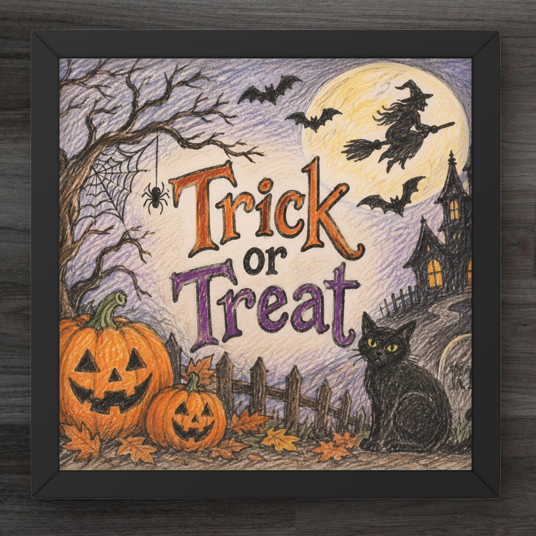 A framed square art print featuring a Halloween scene with jack-o'-lantern pumpkins, a black cat, a witch riding a broomstick, bats, bare trees, and the words 'Trick or Treat' in orange and purple lettering, shown against a dark wood background.