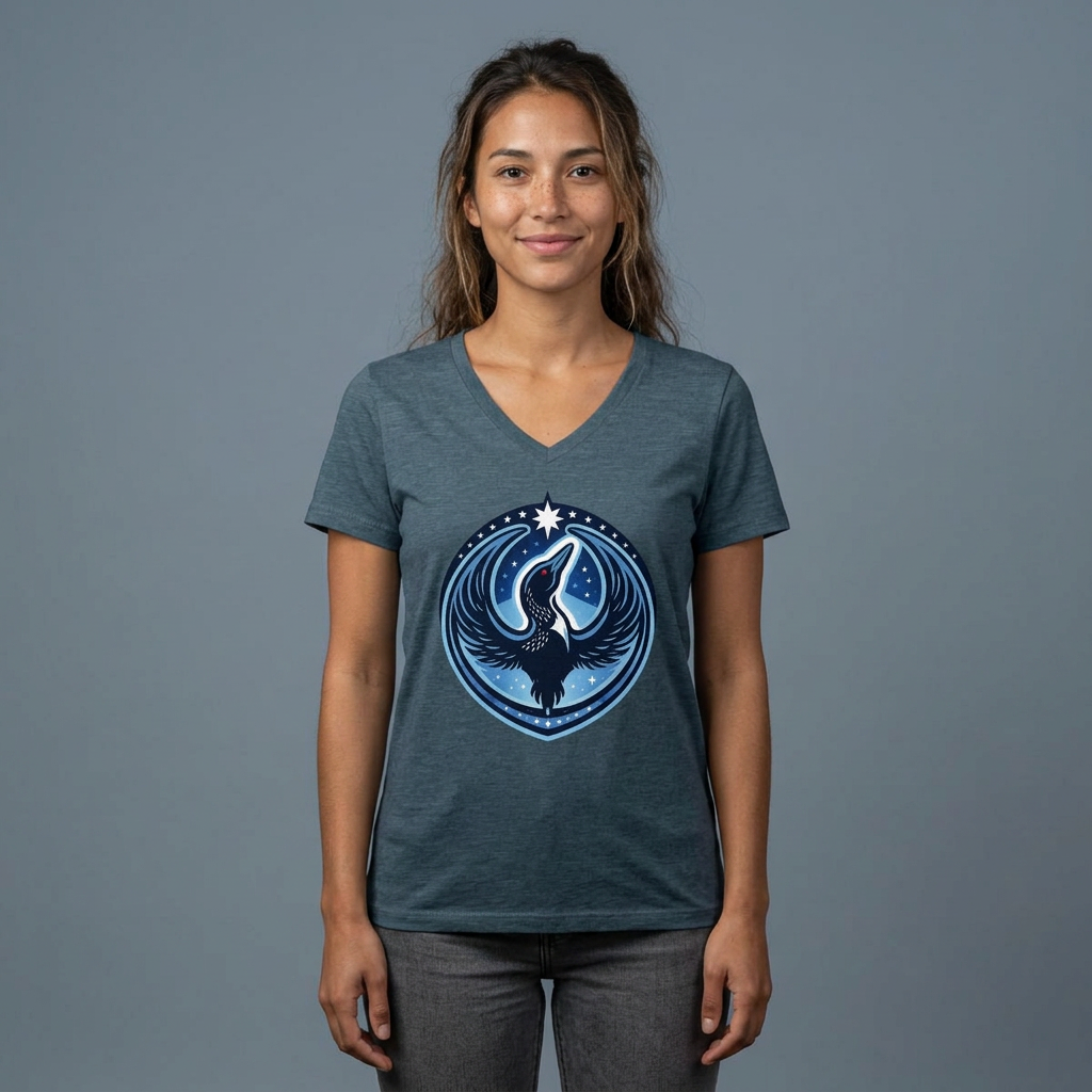 A woman modeling a heathered slate blue V-neck t-shirt with a circular graphic of a white and blue bird inside a circle on the chest, set against a solid gray studio background.