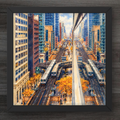 A square framed art print depicting a mirrored city street scene with trains, tall buildings, and autumn trees, shown in a dark wood frame against a dark background.