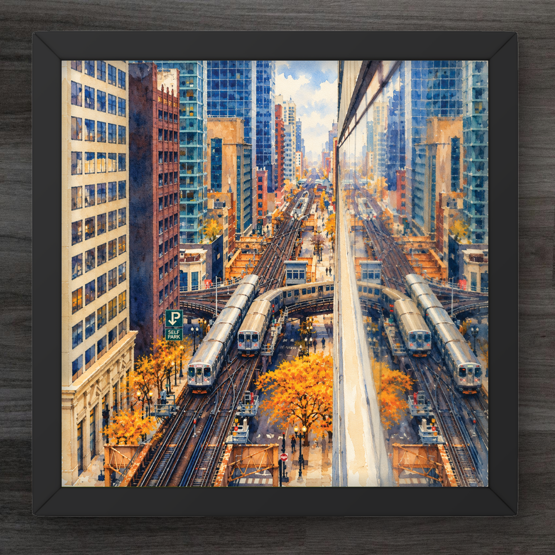 A square framed art print depicting a mirrored city street scene with trains, tall buildings, and autumn trees, shown in a dark wood frame against a dark background.