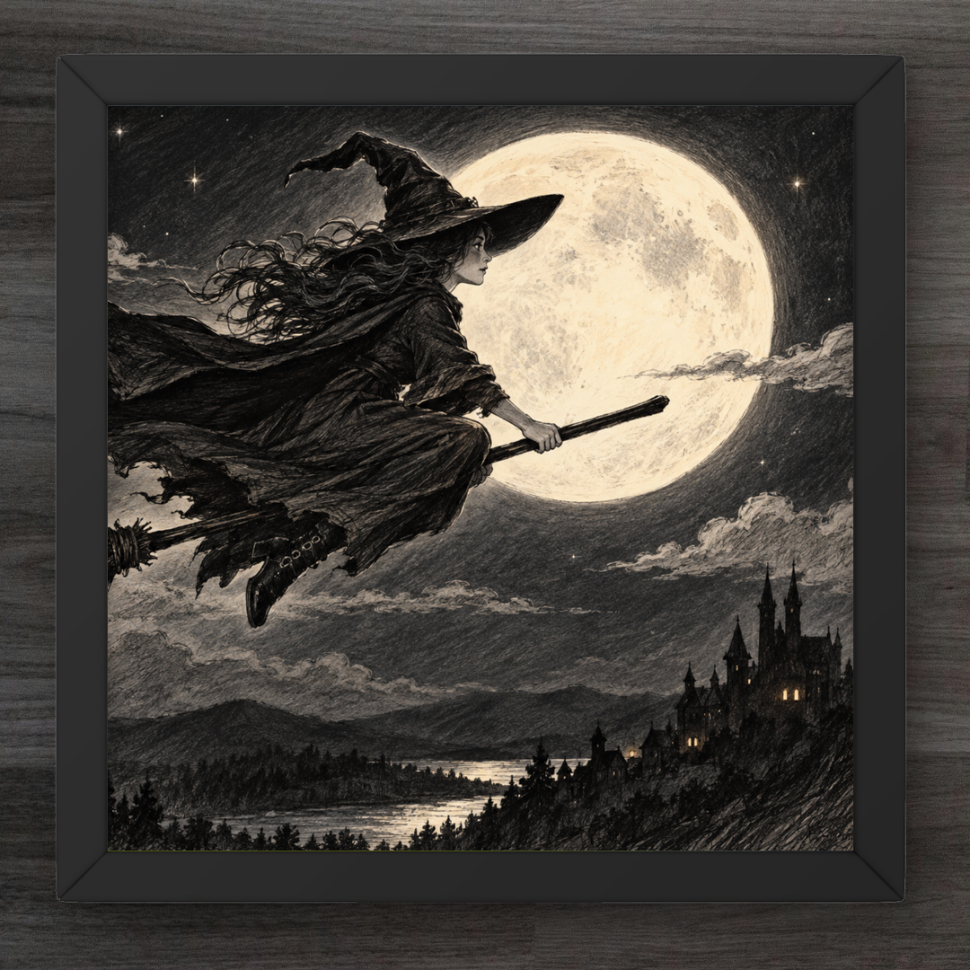 Framed black and white gothic art print depicting a witch riding a broomstick across a moonlit sky with a full moon, stars, hills, and a castle in the distance, set against a dark wood background.
