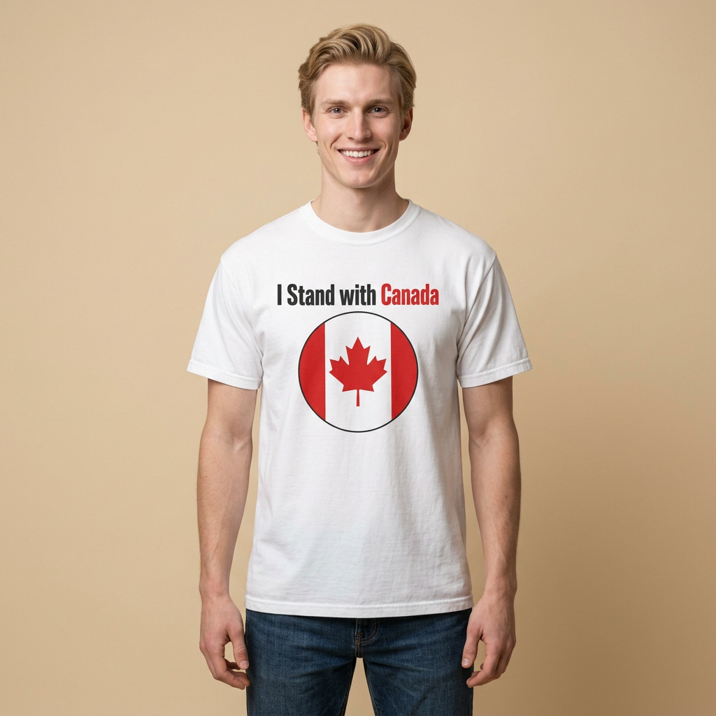 A smiling young man stands against a plain beige studio background wearing a white graphic T-shirt with the text 'I Stand with Canada' above a red-and-white Canadian flag circle graphic, paired with dark blue jeans.