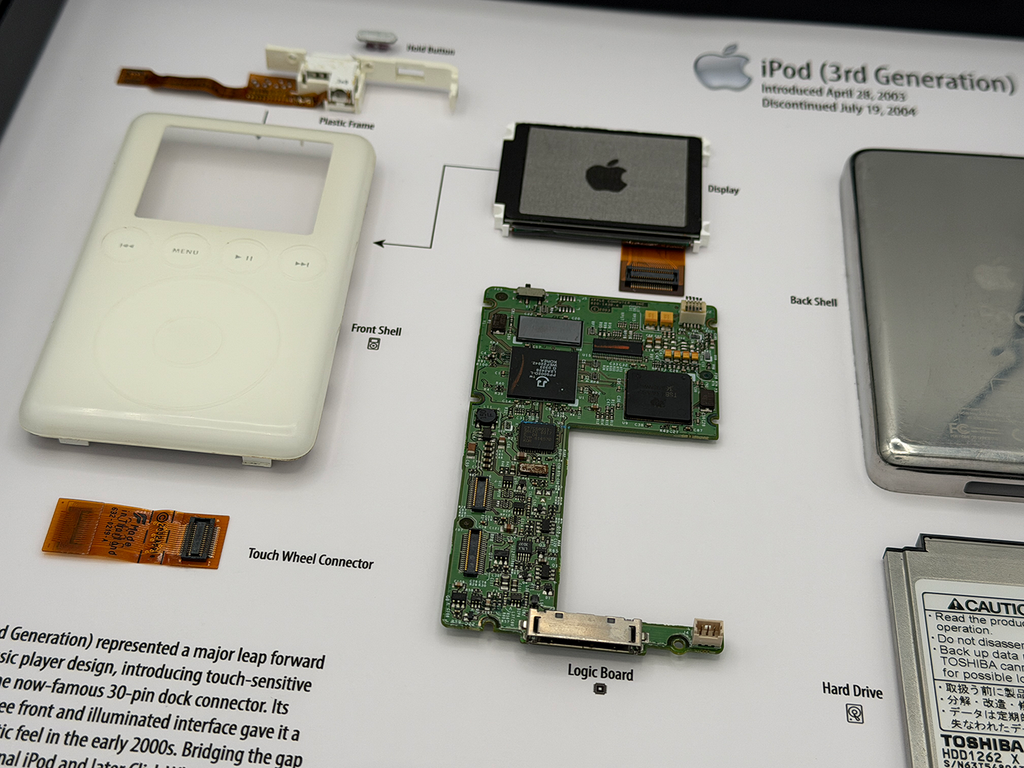 Disassembled iPod 3rd generation on a white background with technical diagram