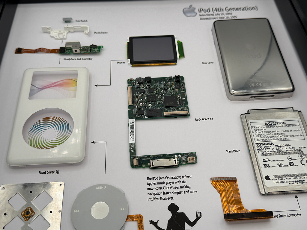 Disassembled iPod (4th Generation) showing its internal components on a white background.