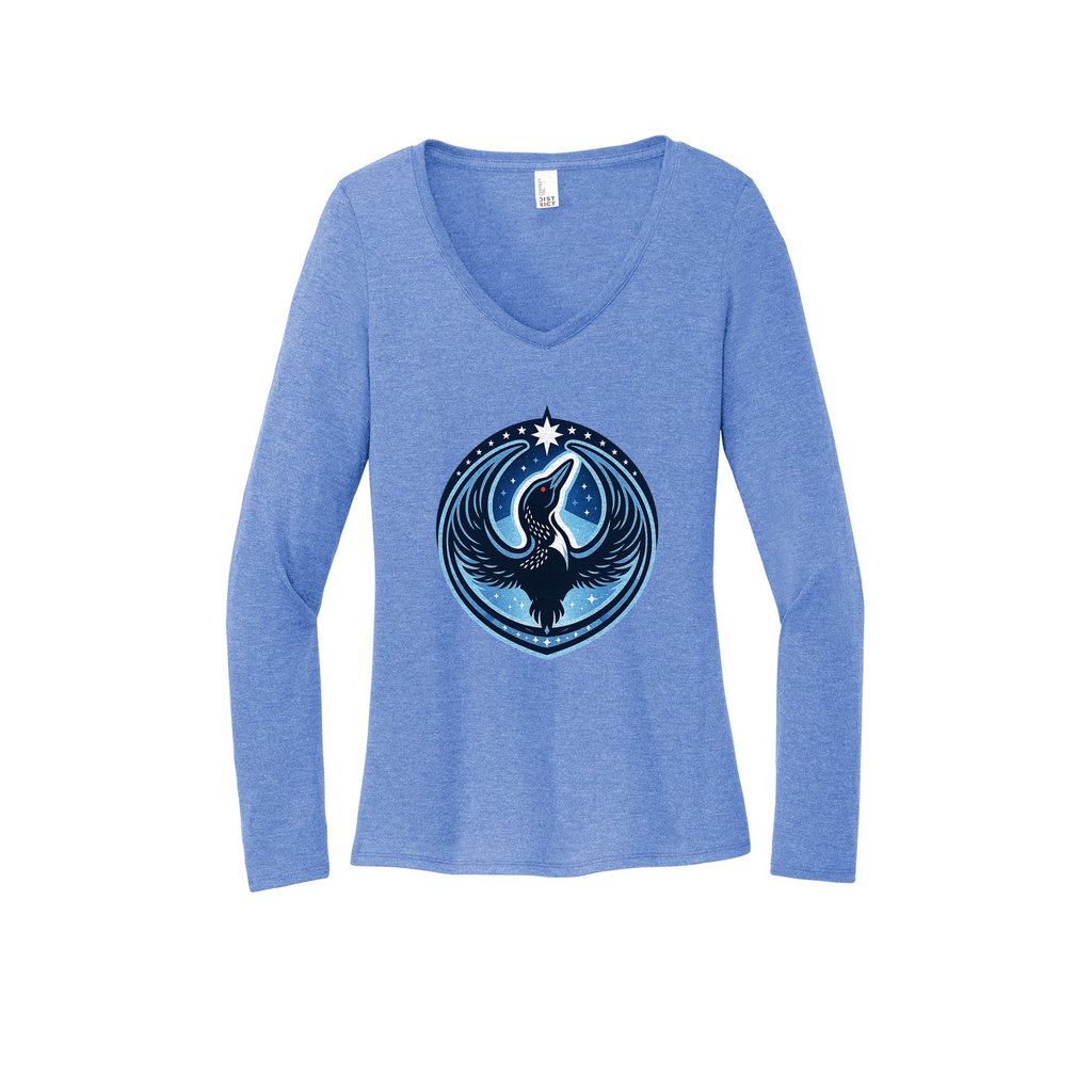 A heather blue long-sleeve V-neck t-shirt featuring a circular graphic of a black bird silhouette with blue and white feather details on the chest, displayed against a solid white background.