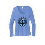 A heather blue long-sleeve V-neck t-shirt featuring a circular graphic of a black bird silhouette with blue and white feather details on the chest, displayed against a solid white background.